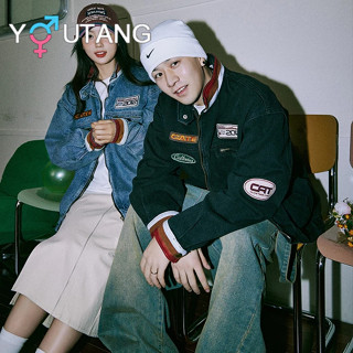 Youtang Mỹ cổ đứng cổ điển đau khổ nam nữ áo khoác denim mùa thu vá áo khoác phong cách đua xe