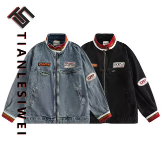 Tianlesiwei Áo khoác phong cách đua xe mùa thu cổ điển Mỹ cổ đứng đau khổ áo khoác denim nam nữ
