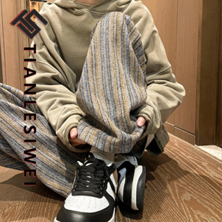 Tianlesiwei Thu Đông Mỹ Nam Nữ Len Thường Ngày Quần Thẳng Màu Maillard Quần Sọc