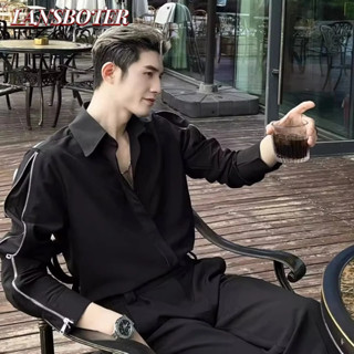 Lansboter Áo sơ mi nam dài tay phong cách Nhật Bản xu hướng văn học cá tính dây kéo hai đầu thời trang đơn giản thanh niên dáng rộng áo thường ngày