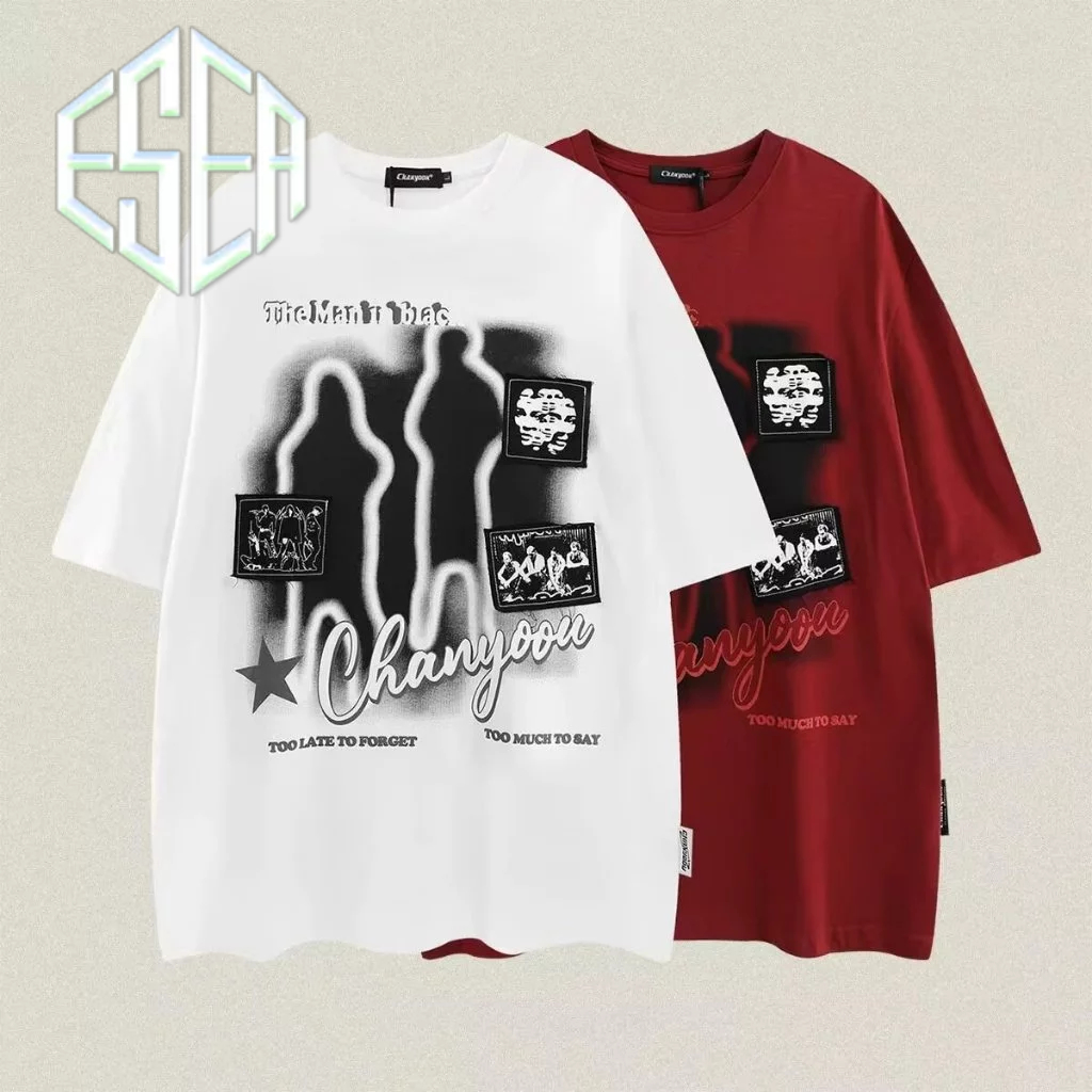 Esea Áo nam rãnh mùa hè mới của Mỹ High Street chắp vá thêu dáng rộng nam hip-hop cổ tròn cotton nguyên chất tay ngắn đa năng