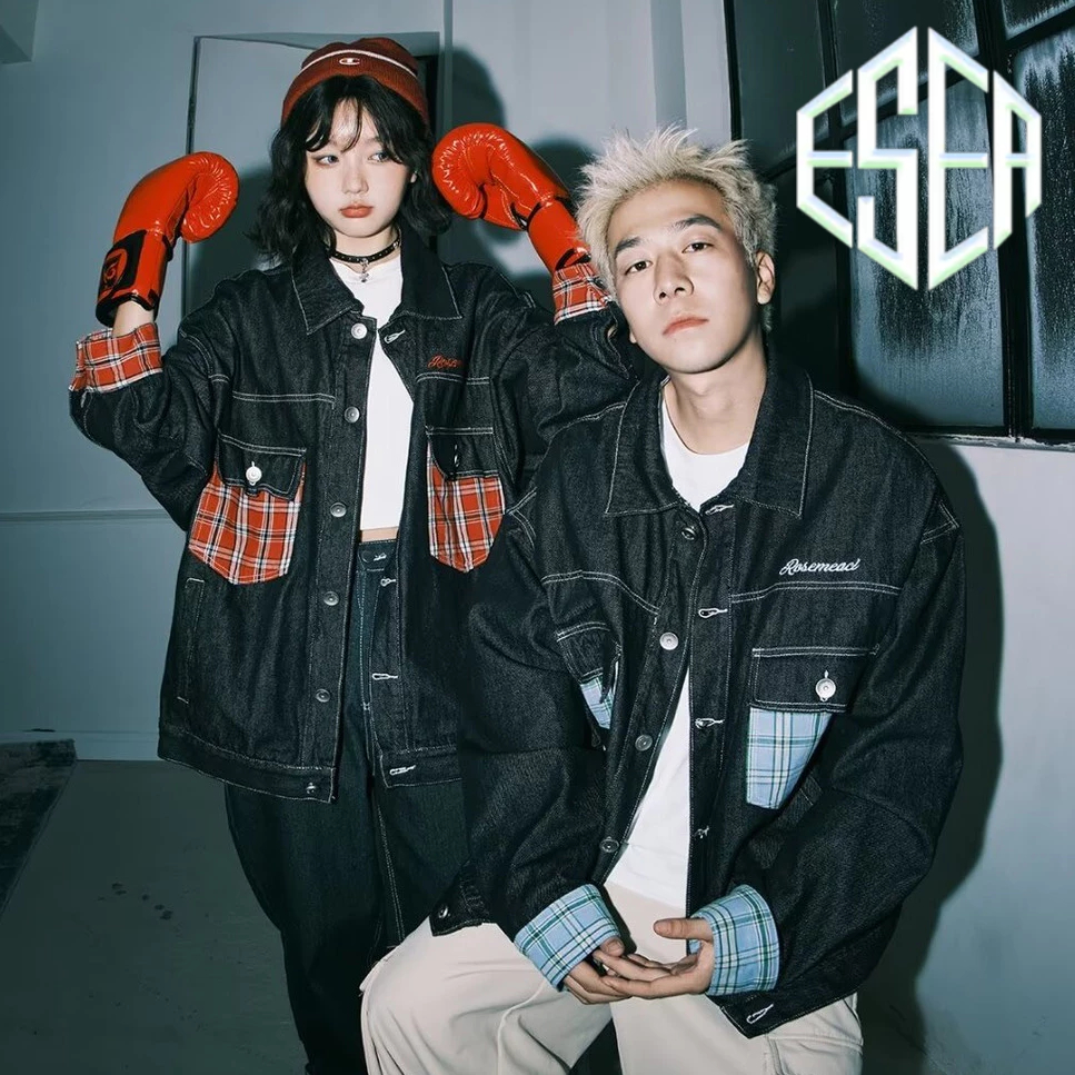 Áo khoác denim nam ESEA kiểu Mỹ cổ điển dáng rộng màu tương phản giản dị kẻ sọc thiết kế túi áo khoác cặp đôi