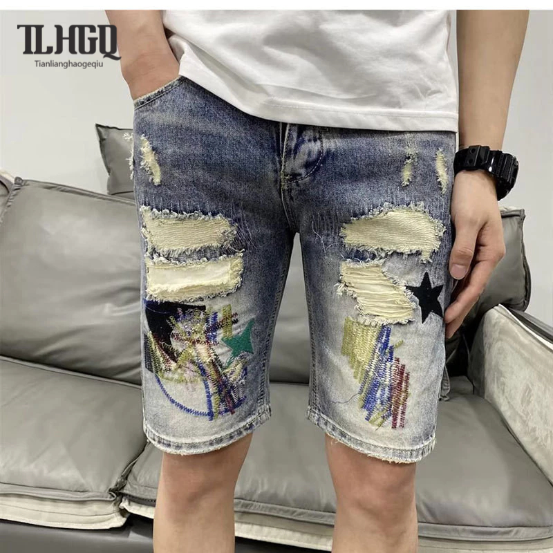 Quần short denim thêu thời trang, thời trang và cá tính dành cho nam phiên bản Hàn Quốc thon gọn vừa vặn mùa hè mũ lưỡi trai đục lỗ