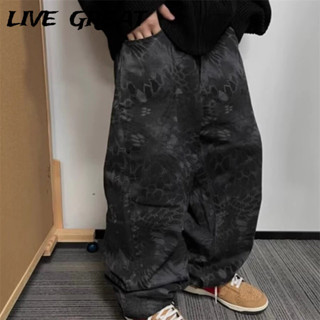 LIVE GREAT Quần Jean Nam Mỹ Retro Da Rắn Da Báo In Cao Cấp Rời Thẳng Quần Ống Rộng