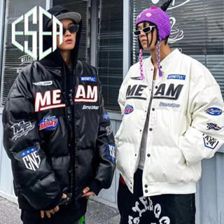 Esea Nam Da PU Áo Khoác cotton Mỹ retro Rời Thêu Cổ Đứng Phong Cách Đua Xe Áo Khoác Bóng Chày