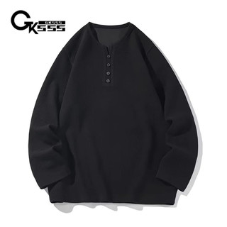 Áo sơ mi nam dài tay Gksss Áo sơ mi đáy phong cách Mỹ dáng rộng giản dị màu trơn cổ chữ V kết cấu áo dài tay