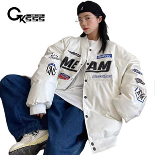 Gksss Nam Da PU Áo Khoác cotton Mỹ retro Rời Thêu Cổ Đứng Phong Cách Đua Xe Áo Khoác Bóng Chày
