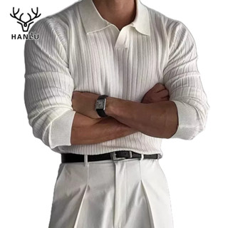 Áo len nam HANLU cổ POLO đơn giản sọc đơn sắc dài tay ve áo len dệt kim hàng đầu