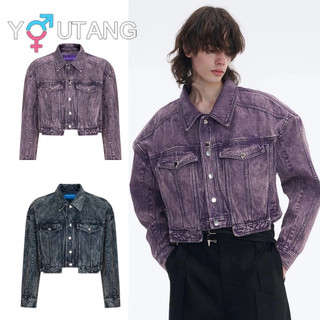 Youtang American high street washed Áo khoác denim ngắn giải cấu trúc mùa thu nam nữ