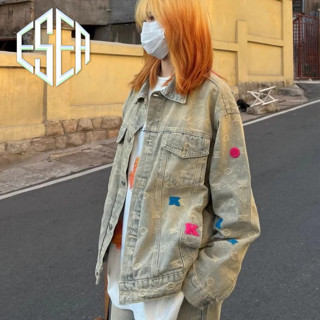 Áo khoác denim nam ESEA kiểu Mỹ cổ điển dáng rộng giản dị đường phố cao cấp thiết kế chất lượng cao áo khoác phong cách trung tính