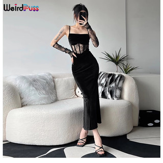 Weird Puss Weird Pus Đầm Dự Tiệc Dáng Dài Xương Cá Phối Ren Thanh Lịch Quyến Rũ Có Tay Áo Cho Nữ