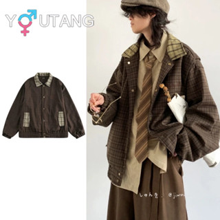 Youtang Áo khoác kẻ sọc nam nữ cổ điển Nhật Bản, áo khoác thêu mùa thu
