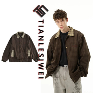 Tianlesiwei Áo khoác thêu mùa thu Áo khoác phong cách Maillard Nhật Bản Áo khoác kẻ sọc nam nữ cổ điển