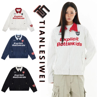  Tianlesiwei Áo khoác bóng chày sọc trắng giản dị mùa thu kiểu Mỹ retro nam nữ áo khoác màu tương phản 