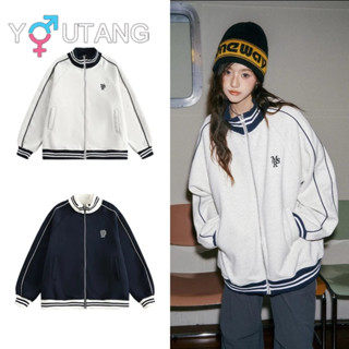 Youtang Mỹ cổ đứng cổ điển thêu áo khoác bóng chày mùa thu nam nữ màu tương phản áo khoác rộng