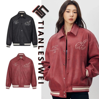  Tianlesiwei Mỹ đường phố cao cấp nam nữ phong cách xe máy áo khoác bay mùa thu retro ve áo màu đỏ tía pu áo khoác da 