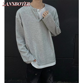  Lansboter Áo thun nam dài tay cổ Henry giả thiết kế hai mảnh Áo sơ mi đáy rộng nặng 