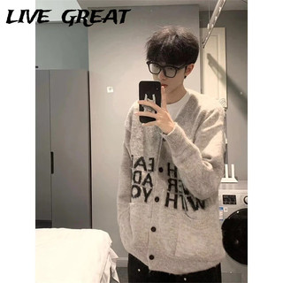  LIVE GREAT Áo len nam thời trang Hàn Quốc đơn giản chữ jacquard dáng rộng thường ngày áo dệt kim 