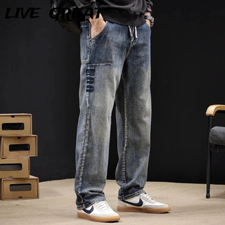  LIVE GREAT Trực TIẾP TUYỆT VỜI Nam Quần Jean Thu Đông Mỹ Retro Rửa Nặng Rời Thẳng Hợp Thời Trang Quần Ống Rộng 