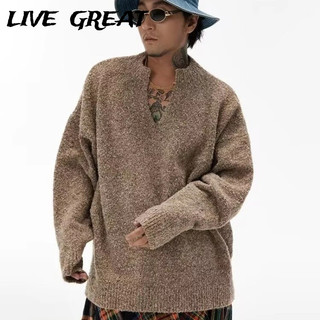  LIVE GREAT Áo len nam mùa thu đông màu trơn phong cách lười biếng Áo len chui đầu cổ chữ V 