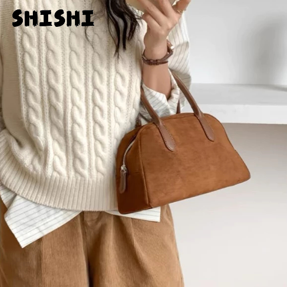 SHISHI túi xách nữ 2024 HOTSALE Di động cổ điển cao cấp thời trang cổ điển mài mòn công suất lớn da lộn túi bowling GST24A14GS 44Z241030
