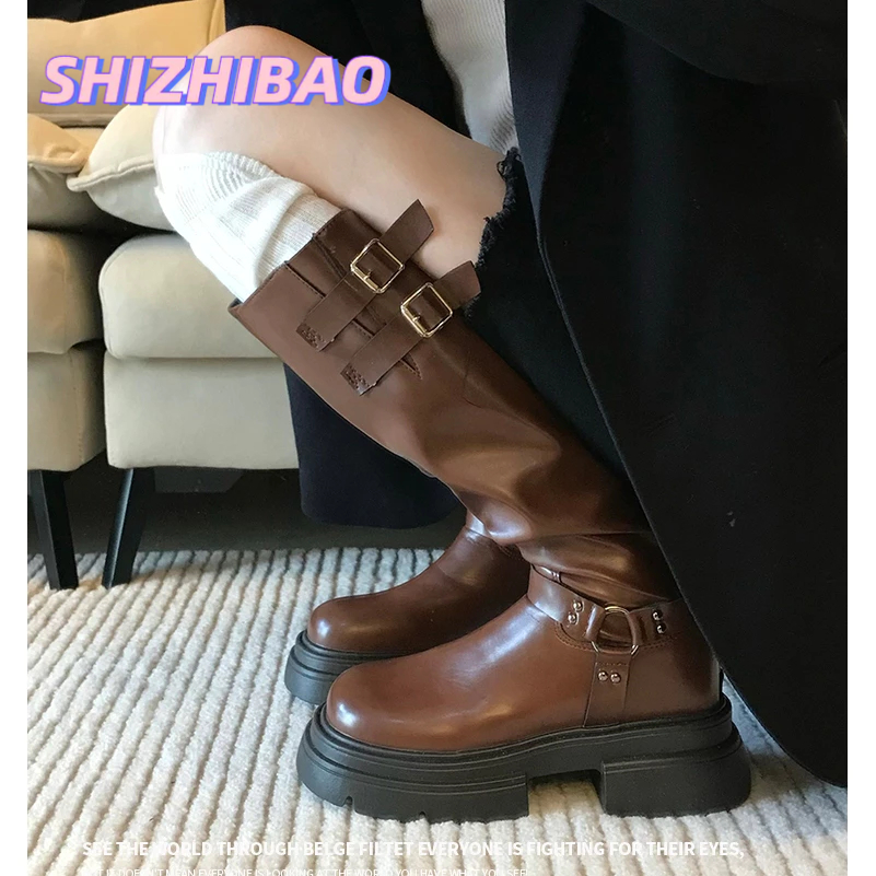 SHIZHIBAO Giày bốt nữ bốt dài đế dày nhỏ mùa thu mới retro cao đến đầu gối bốt cao cổ kiểu hiệp sĩ