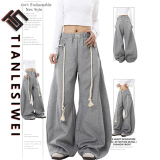 Tianlesiwei Thu Đông Nam Nữ Dây Dày Cong Ống Rộng Quần Mỹ retro Cao Cấp Màu Xám Chuối