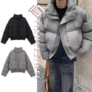 Tianlesiwei Mỹ dáng rộng giản dị màu trơn dày áo khoác phong cách Hàn Quốc đứng cổ dây kéo nam nữ áo khoác cotton