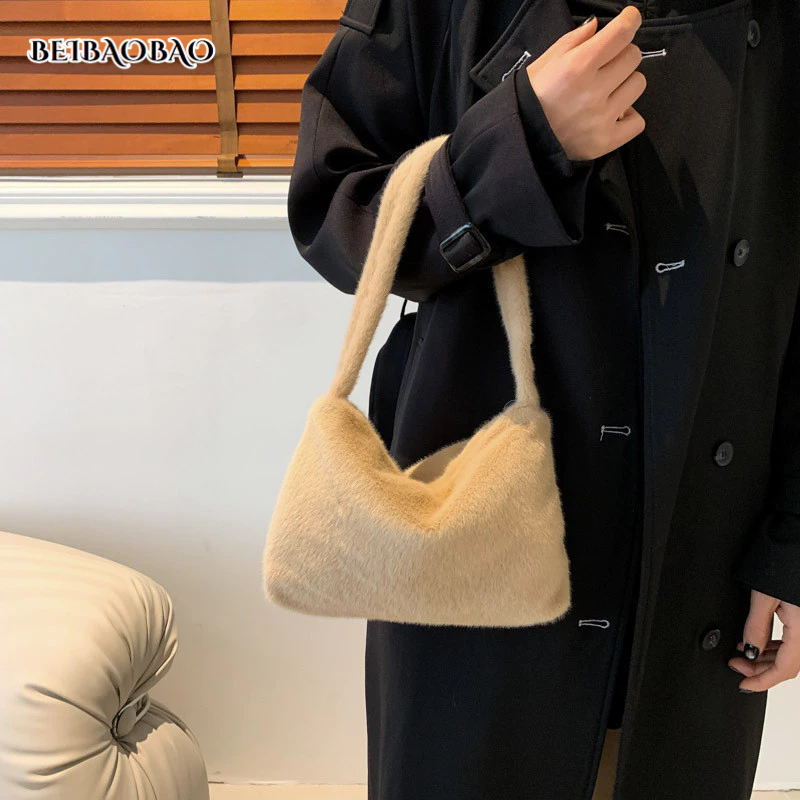 BEIBAOBAO Mẫu mới của phụ nữ màu đơn giản len Teddy len nách túi xách thời trang