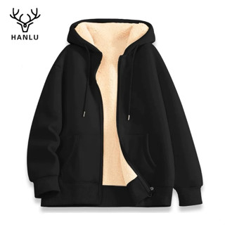 Áo nỉ nam có mũ trùm đầu HANLU, da cừu, đơn sắc, phong cách khuôn viên trường, áo ấm áp và rộng rãi