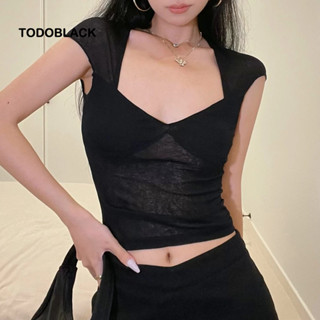 TODOBLACK Áo crop top cổ vuông dành cho nữ áo thun ngắn tay màu đen thanh lịch cho mùa hè thon gọn vừa vặn dạo phố