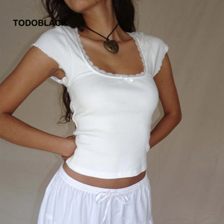 TODOBLACK Y2k Áo Thun Cho Bé Vintage Ren Viền Cổ Vuông Crop Top Mùa Hè Gợi Cảm Cho Nữ