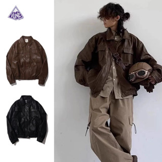 Áo khoác da VUNC dáng rộng nhiều túi phong cách cổ điển cho nam