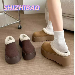SHIZHIBAO dành cho nữ, giày cotton nửa trượt, phong cách mới thu đông, dép lông tuyết đế dày và gót cao