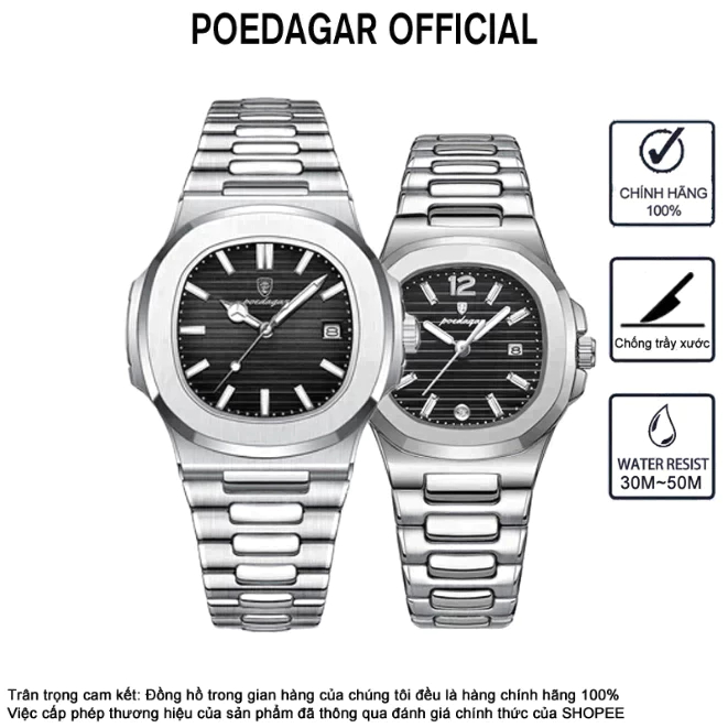 Đồng Hồ Cặp Đôi Chính Hãng POEDAGAR 613 Đồng Hồ Nam Vuông Đồng Hồ Nữ Kích Thước Nhỏ Đồng Hồ Thời Trang Tinh Tế Quà Tặng Đồng Hồ Kim Loại Sang Trọng Thanh Lịch Cổ Điển Dây Đeo Thép Không Gỉ Lịch Dạ Quang Chống Thấm Nước