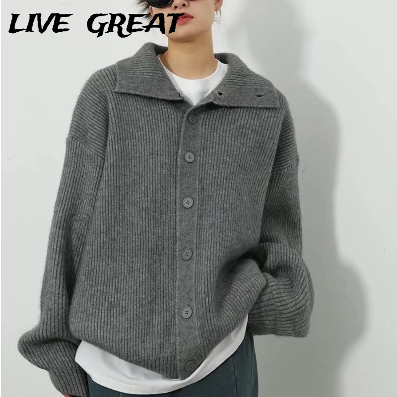  LIVE GREAT Áo len dệt kim nam GREA áo khoác mùa thu đông ve áo rộng áo len lười tay dài thông thường 