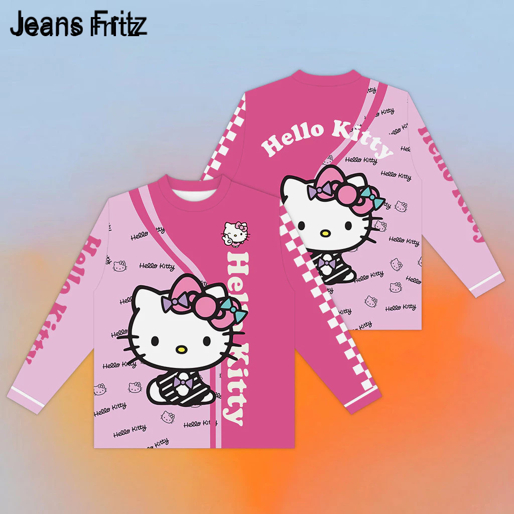 2024 Mới Hello Kitty Chung Quần Áo Hoạt Hình Dễ Thương Hello Kitty Áo Thun Dài Tay Màu Hồng