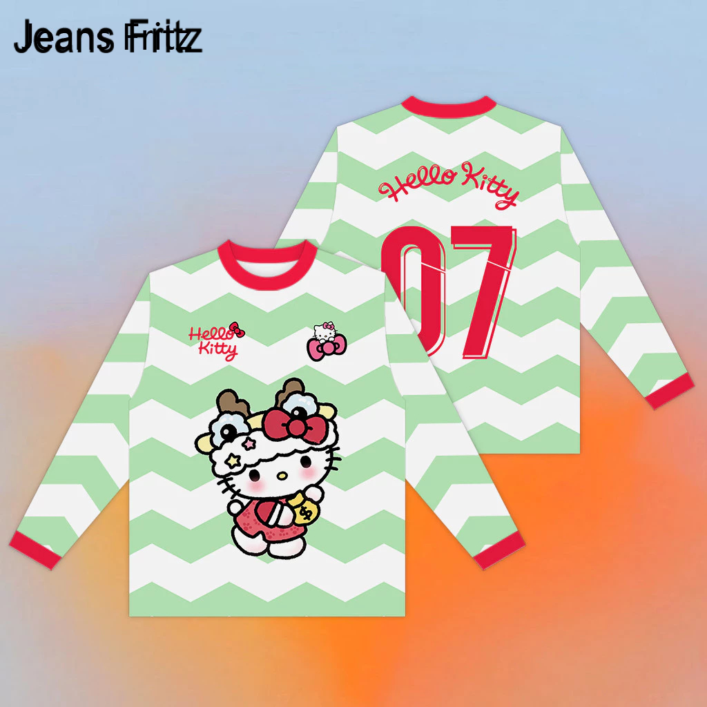 2024 Mới Hello Kitty Chung Quần Áo Hoạt Hình Dễ Thương Hello Kitty Áo Thun Dài Tay Xanh