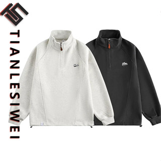 Tianlesiwei Mỹ nam nữ dáng rộng thể thao giản dị áo hoodie mùa thu đơn giản thêu cổ nửa dây kéo áo hoodie