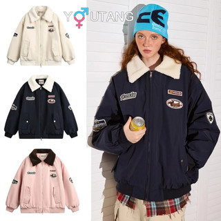 Youtang Áo khoác lông cừu cổ điển Mỹ phù hợp với áo khoác cotton màu mùa thu đông áo khoác bóng chày dày dáng rộng