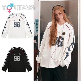 Youtang American retro in hình ngôi sao nối áo thun cổ chữ V mùa thu áo dài tay nam nữ