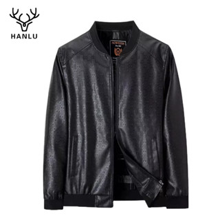 Áo khoác nam HANLU da PU cổ đứng giản dị áo khoác xe máy Hàn Quốc cộng với nhung ấm áp