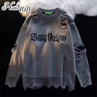 Halorift Áo Len Nam Mỹ Retro Cao Cấp Hợp Thời Trang Cá Tính Rách Thiết Kế Cặp Đôi Rời Đan Top