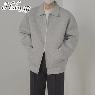 Halorift Áo Khoác Nam Thu Đông Nhật Bản Retro Màu Trơn Đơn Giản Màu Xám Rời Áo Cardigan Cổ POLO Áo Khoác
