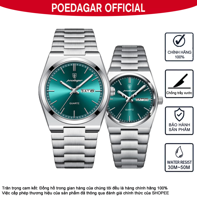 Đồng hồ cặp đôi Chính hãng POEDAGAR 930 Cặp Đồng hồ kim loại Dây đeo bằng thép không gỉ Ánh sáng mỏng Đồng hồ thời trang Lịch chống nước Dạ quang Quà tặng ngày lễ tình nhân Quà tặng kỷ niệm