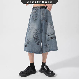 Zenithrose Quần Short Nam Mỹ retro graffiti Mùa Hè oversize Đường Phố Rời Thường Ngày Crop Quần Jean