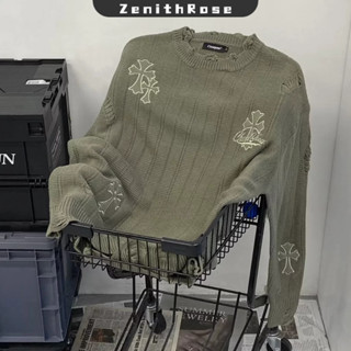 Áo len nam ZenithRose, thiết kế thích hợp đường phố Mỹ, hàng dệt kim, áo len rách dáng rộng, phù hợp với mọi phong cách