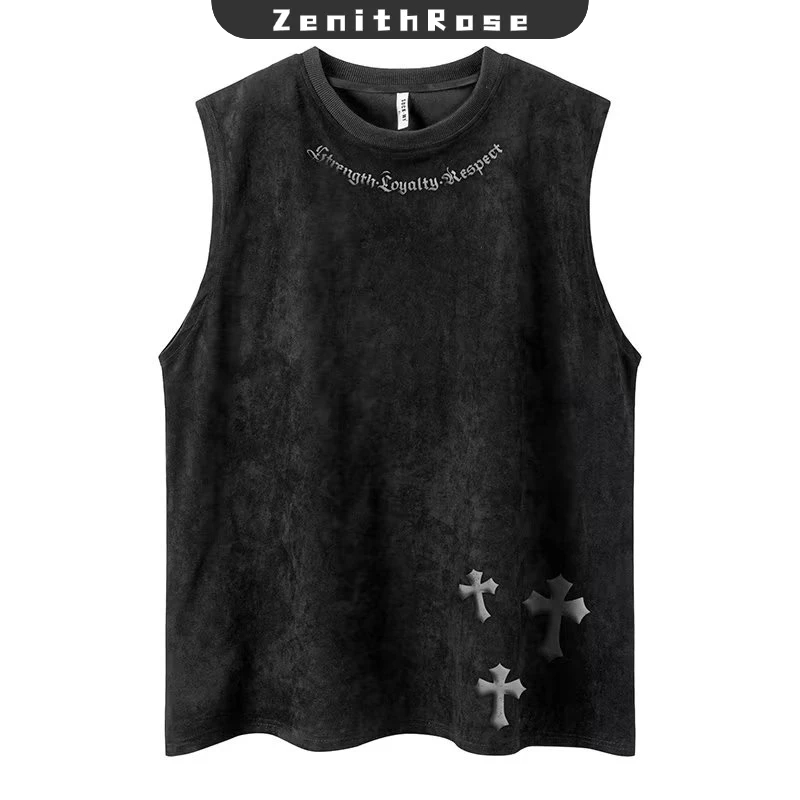 Zenithrose Áo vest nam Mỹ retro gothic in da lộn thể thao đường phố hiphop Áo thun không tay