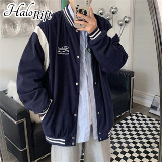 Halorift Đồng phục bóng chày xanh hải quân mới phong cách Hàn Quốc nam nữ dáng rộng phong cách đại học áo