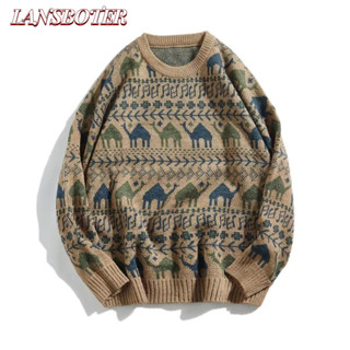 Lansboter Áo Len Nam Thu Đông Dày Cổ Tròn Đan Áo Sơ Mi Hàn Quốc Vintage Thời Trang Lớp Đế